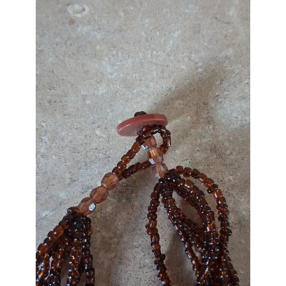 Brown Iridescent Seed Bead Multi Strand Knotted Tassel Lariat Statement Necklace